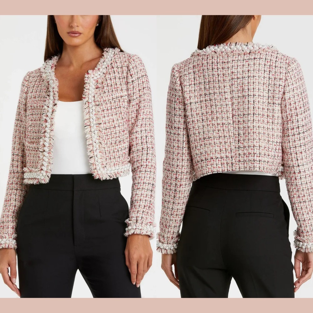 NWT MAC DUGGAL [ Large ] R20801 Pearl Trim Long Sleeve Cropped Jacket Red U1969